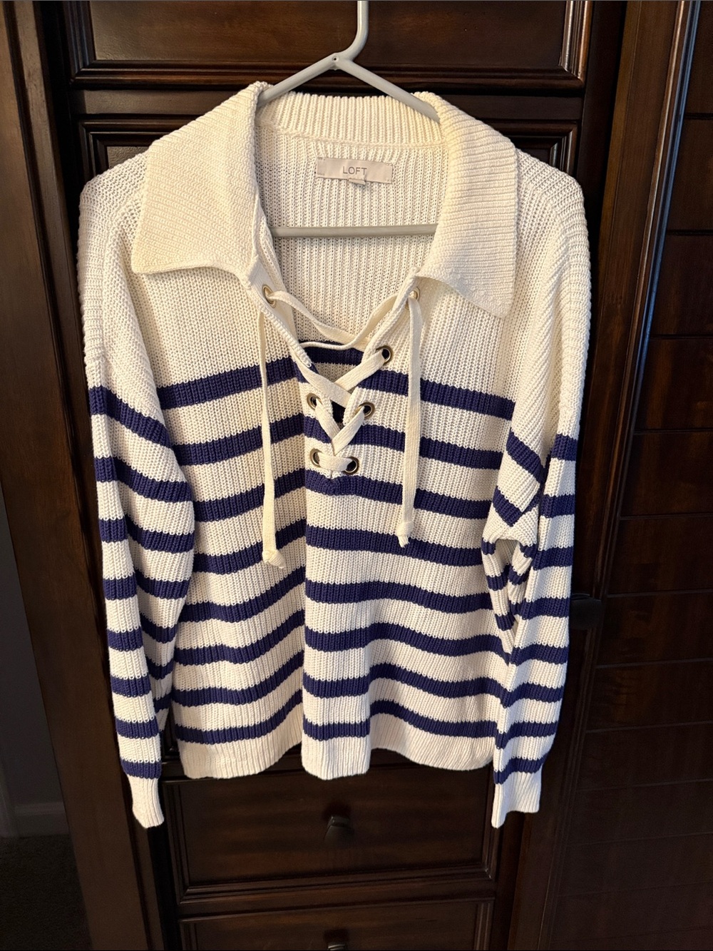 LOFT Cream & Navy Lace-Up Collared Stripe Sweater
